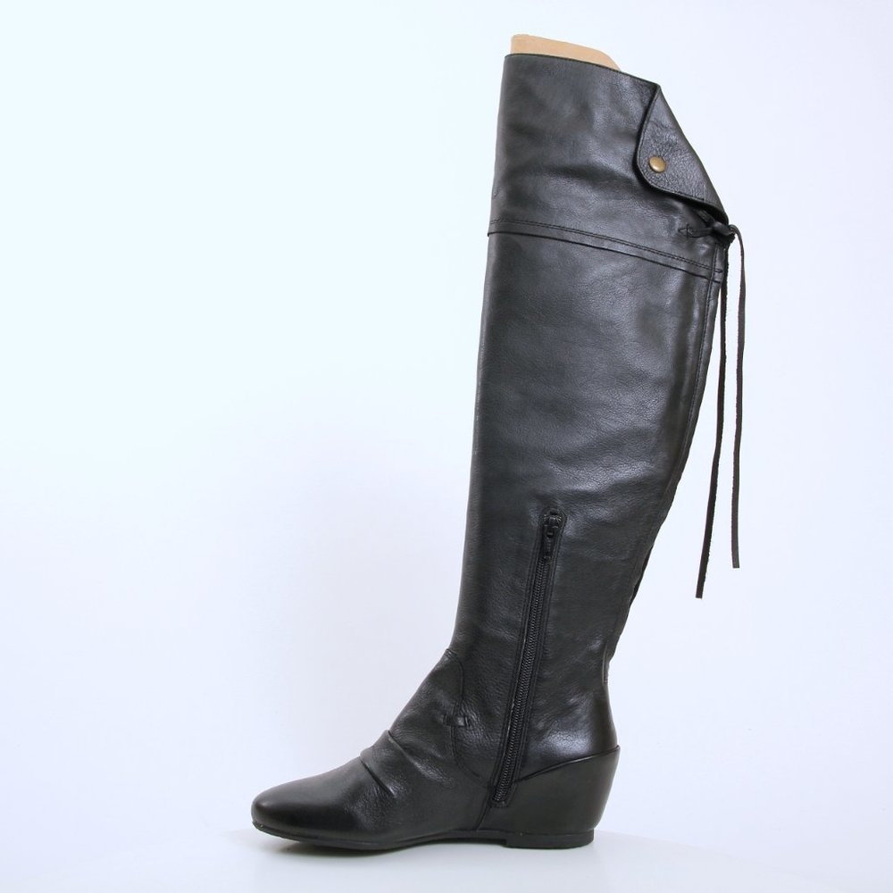 Corso Como Black Leather Over-the-Knee Lace-Back Wedge Boots - Picture 5 of 11